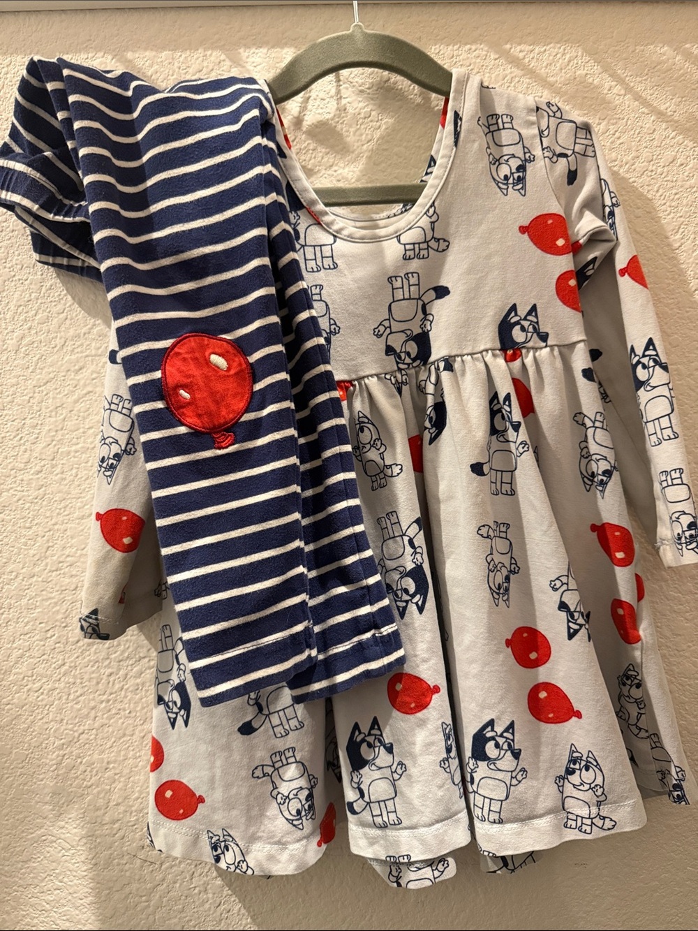 Hanna Andersson Girls Bluey Long Sleeve Balloon Print Dress and Striped Leggings